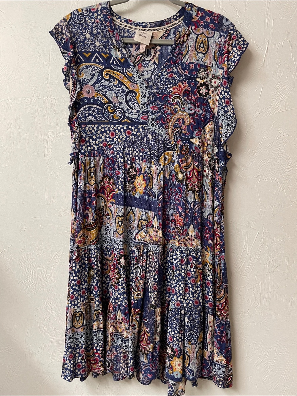 Knox Rose Navy Paisley Patchwork Midi Dress with Yellow & Pink Accents L63